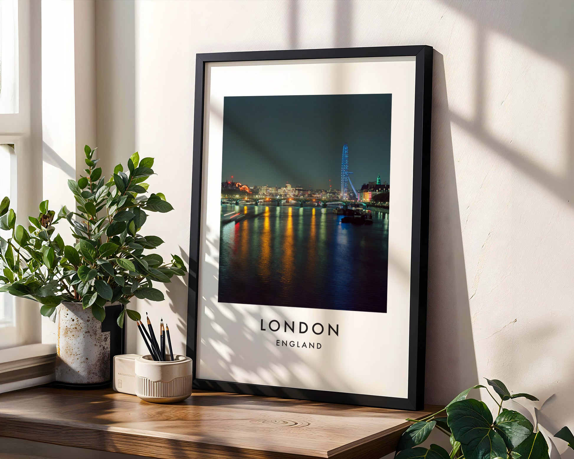 Thames Night Panorama London Eye Distant - London analogue photography poster print in modern room setting