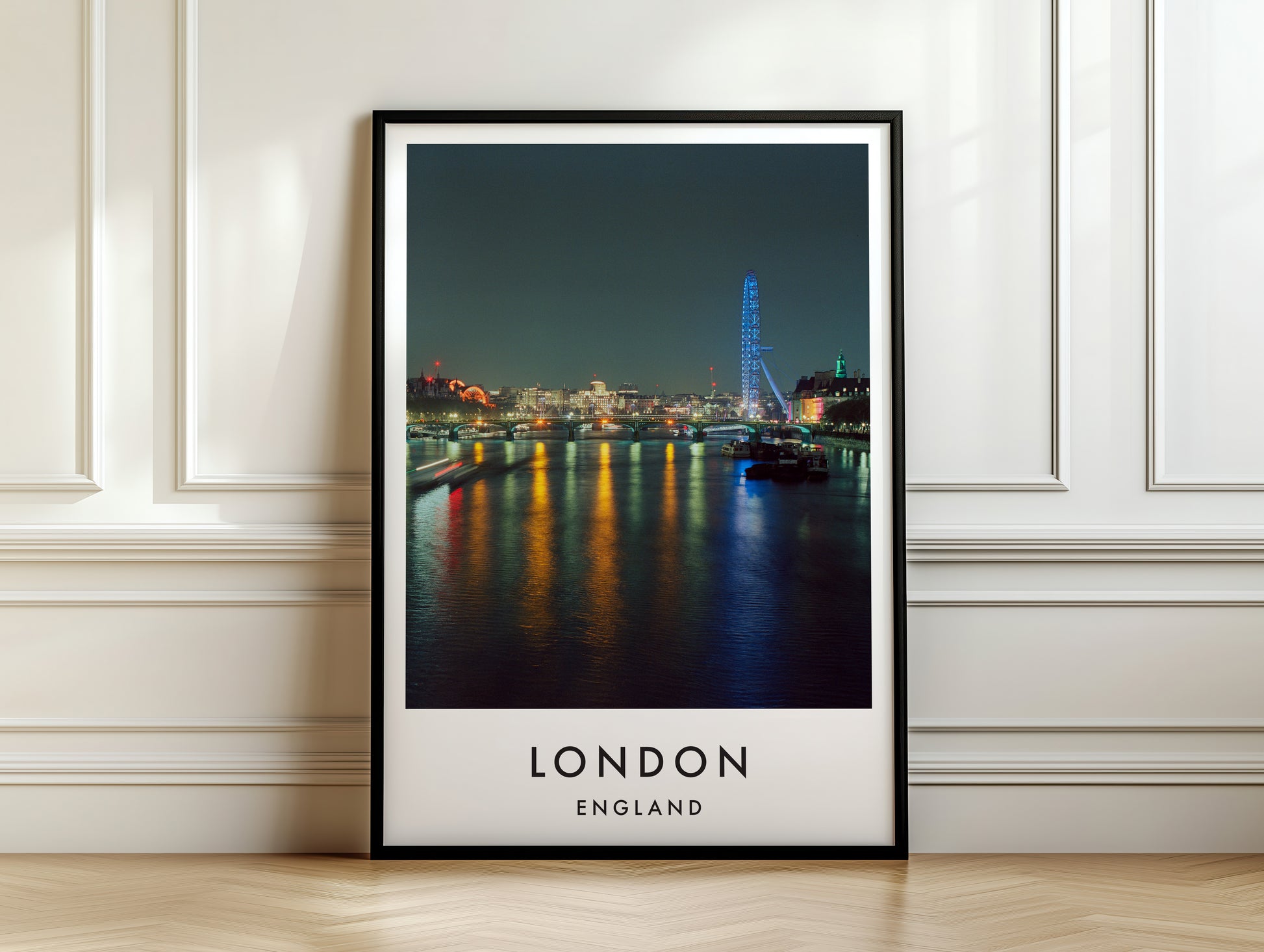 Thames Night Panorama London Eye Distant - London analogue photography poster print on white panelled wall