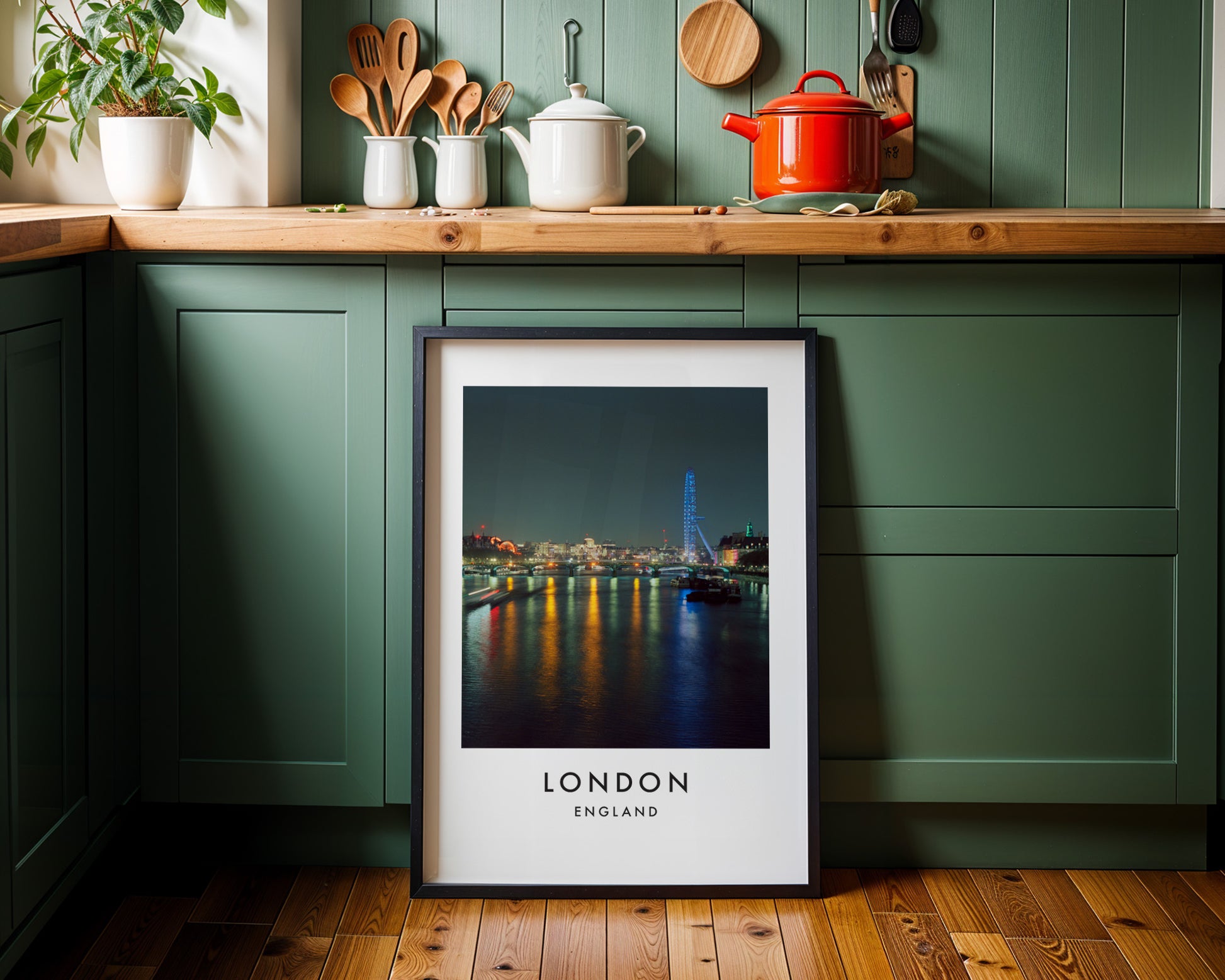 Thames Night Panorama London Eye Distant - London analogue photography poster print on minimalist white wall