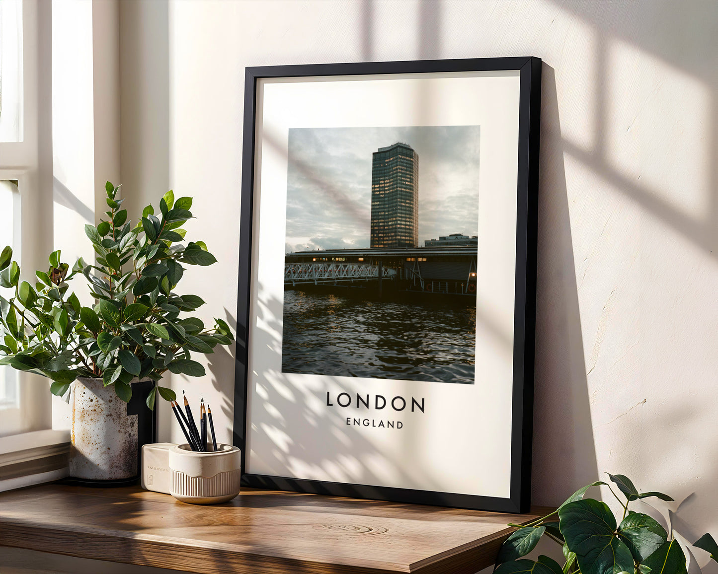 Tower and Railway Bridge Thames Dusk - London analogue photography poster print in modern room setting