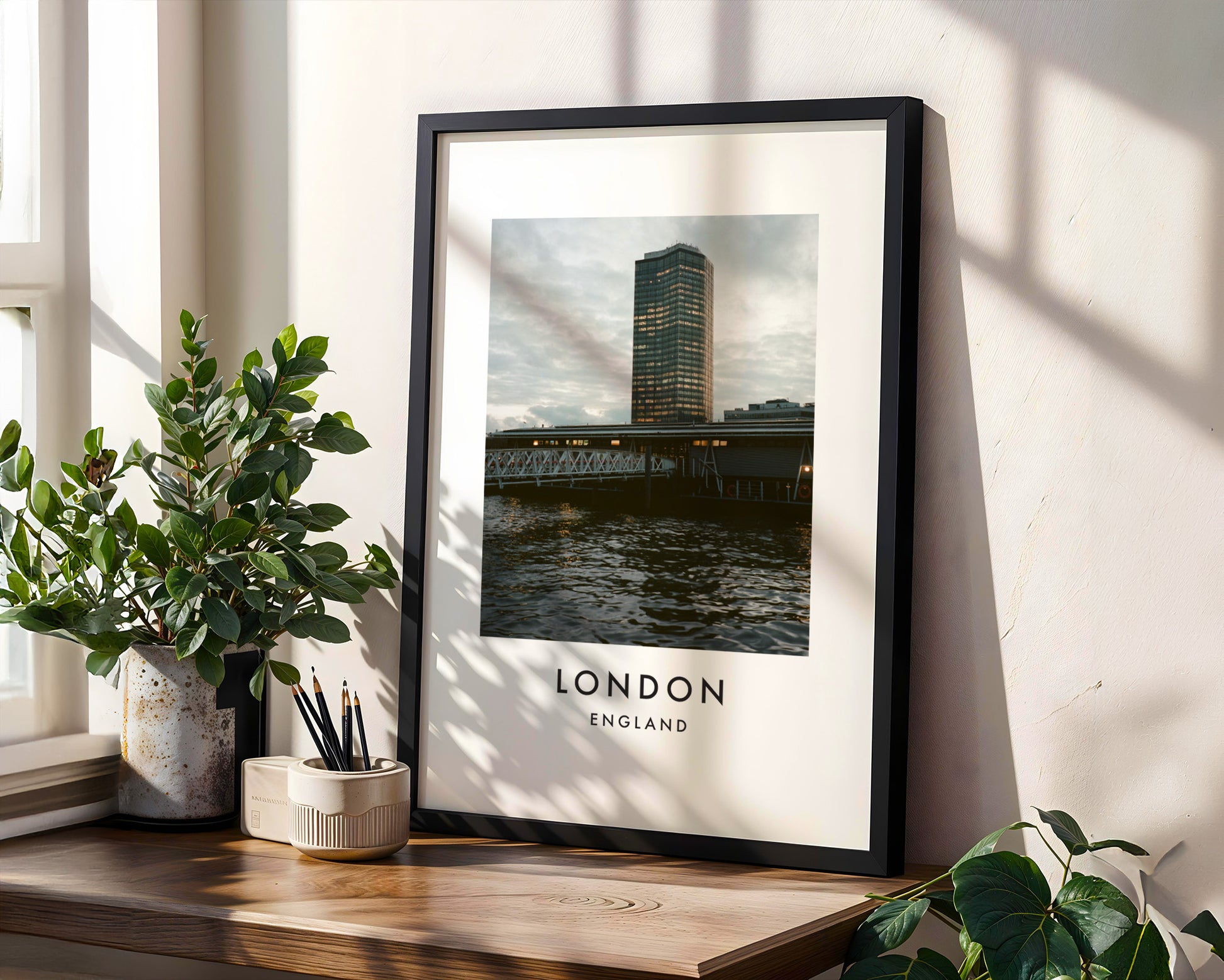 Tower and Railway Bridge Thames Dusk - London analogue photography poster print in modern room setting