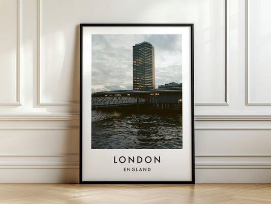 Tower and Railway Bridge Thames Dusk - London analogue photography poster print on white panelled wall