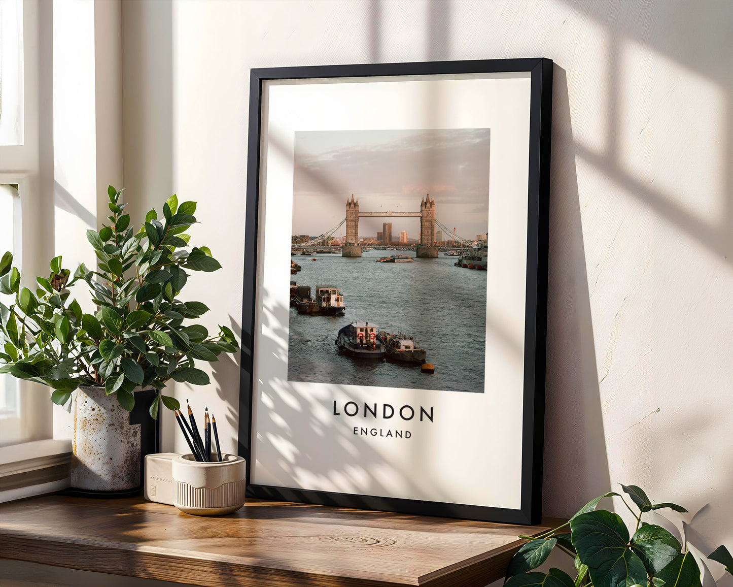 Tower Bridge Evening Golden Light Boats - London analogue photography poster print in modern room setting