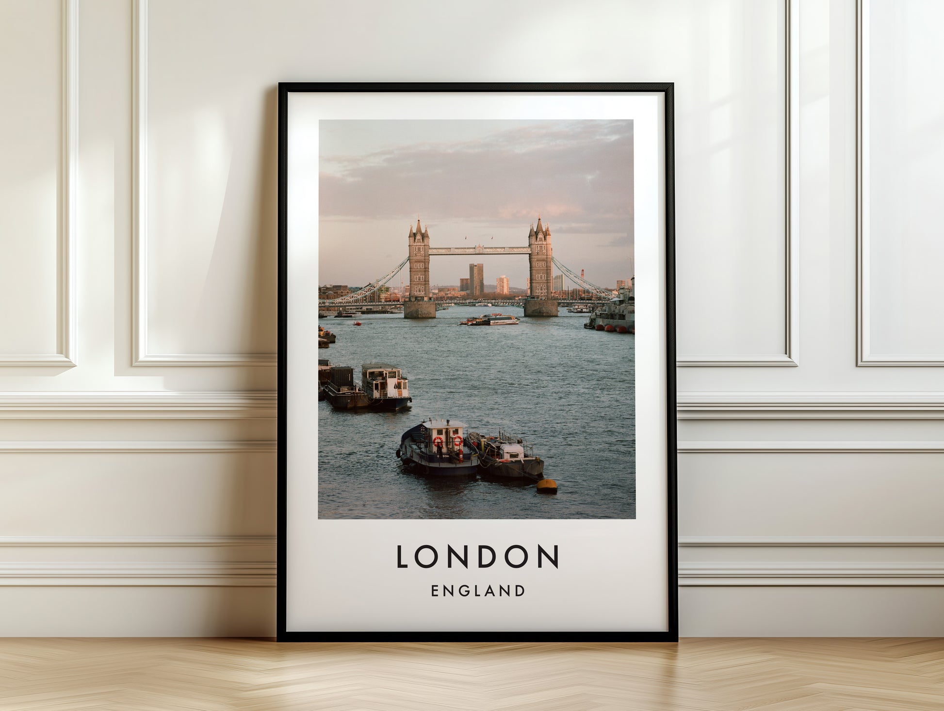 Tower Bridge Evening Golden Light Boats - London analogue photography poster print on white panelled wall