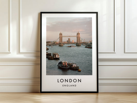 Tower Bridge Evening Golden Light Boats - London analogue photography poster print on white panelled wall