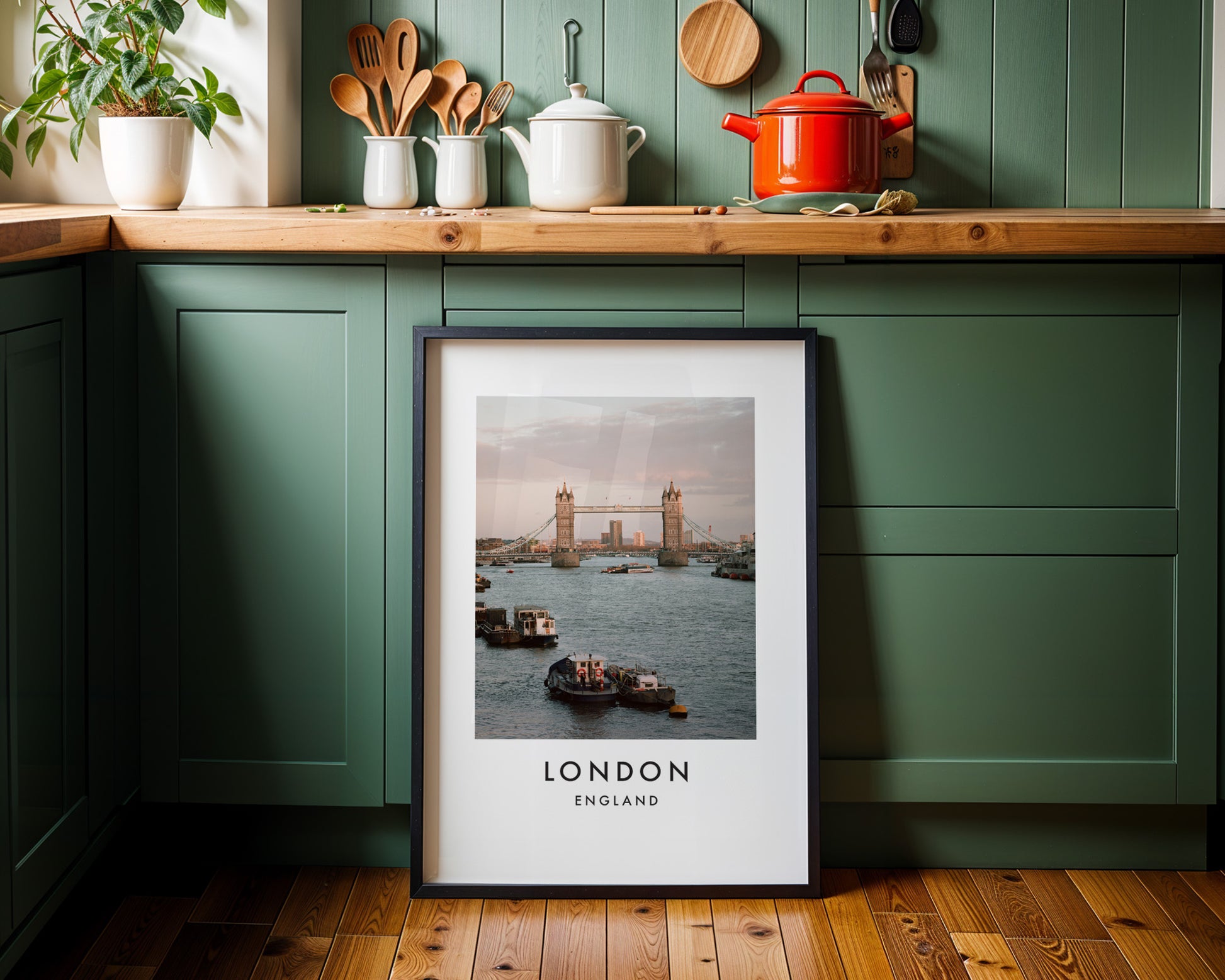 Tower Bridge Evening Golden Light Boats - London analogue photography poster print on minimalist white wall