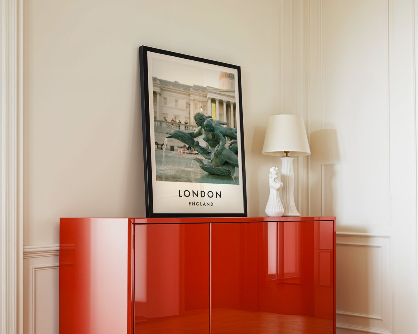 Trafalgar Square Fountain Bronze Mermaids - London analogue photography poster print in interior design setting