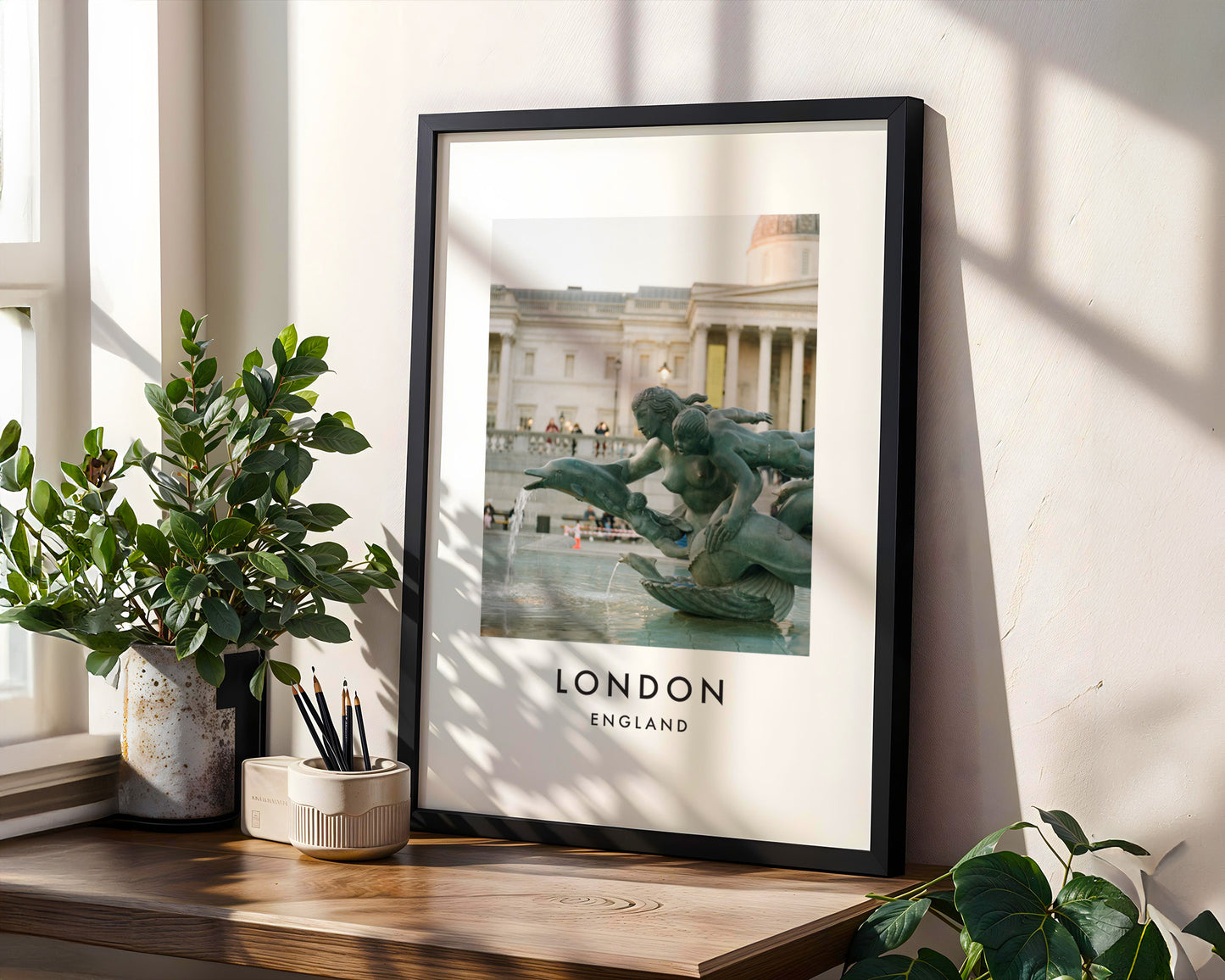 Trafalgar Square Fountain Bronze Mermaids - London analogue photography poster print in modern room setting