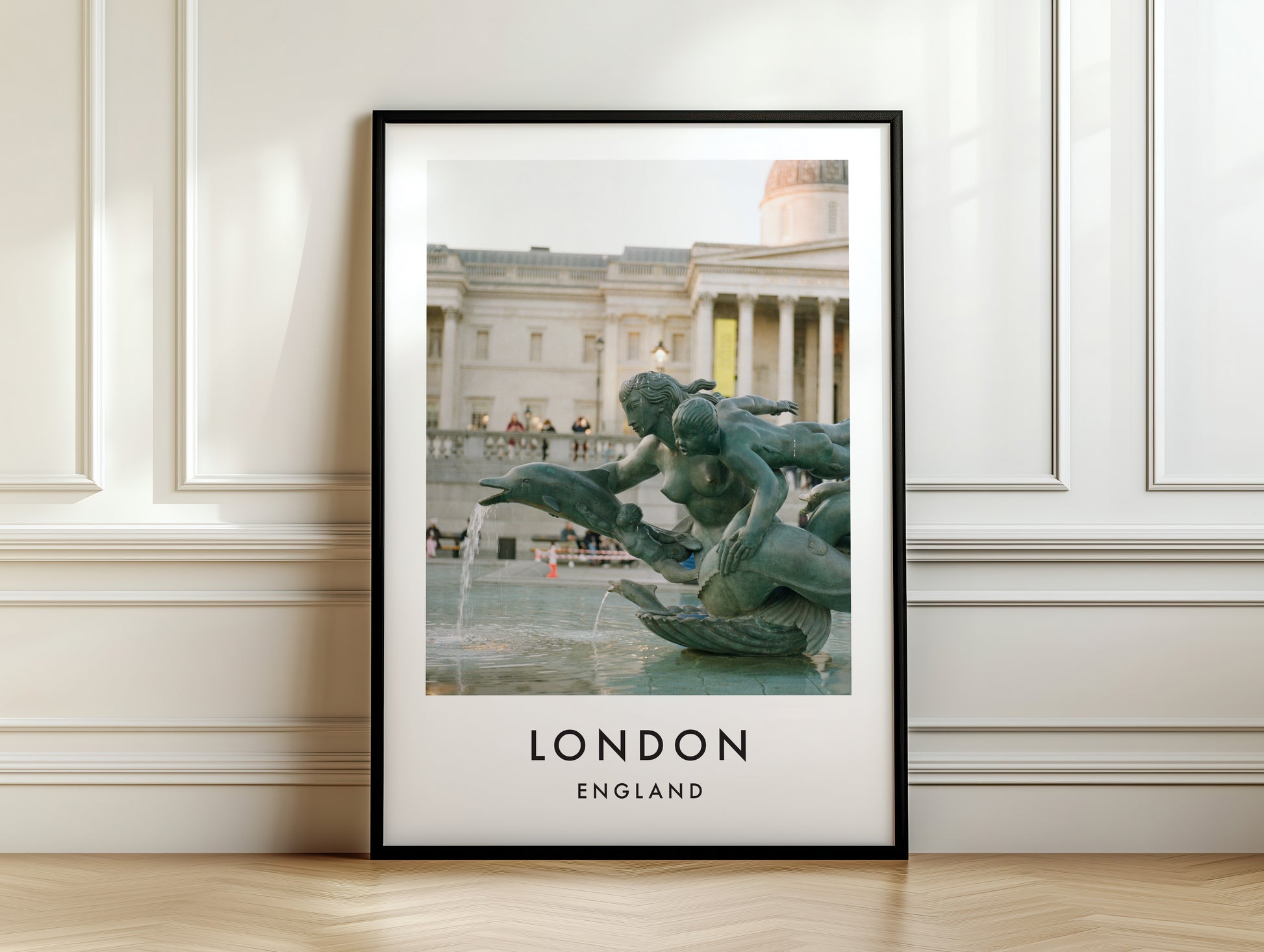 Trafalgar Square Fountain Bronze Mermaids - London analogue photography poster print on white panelled wall