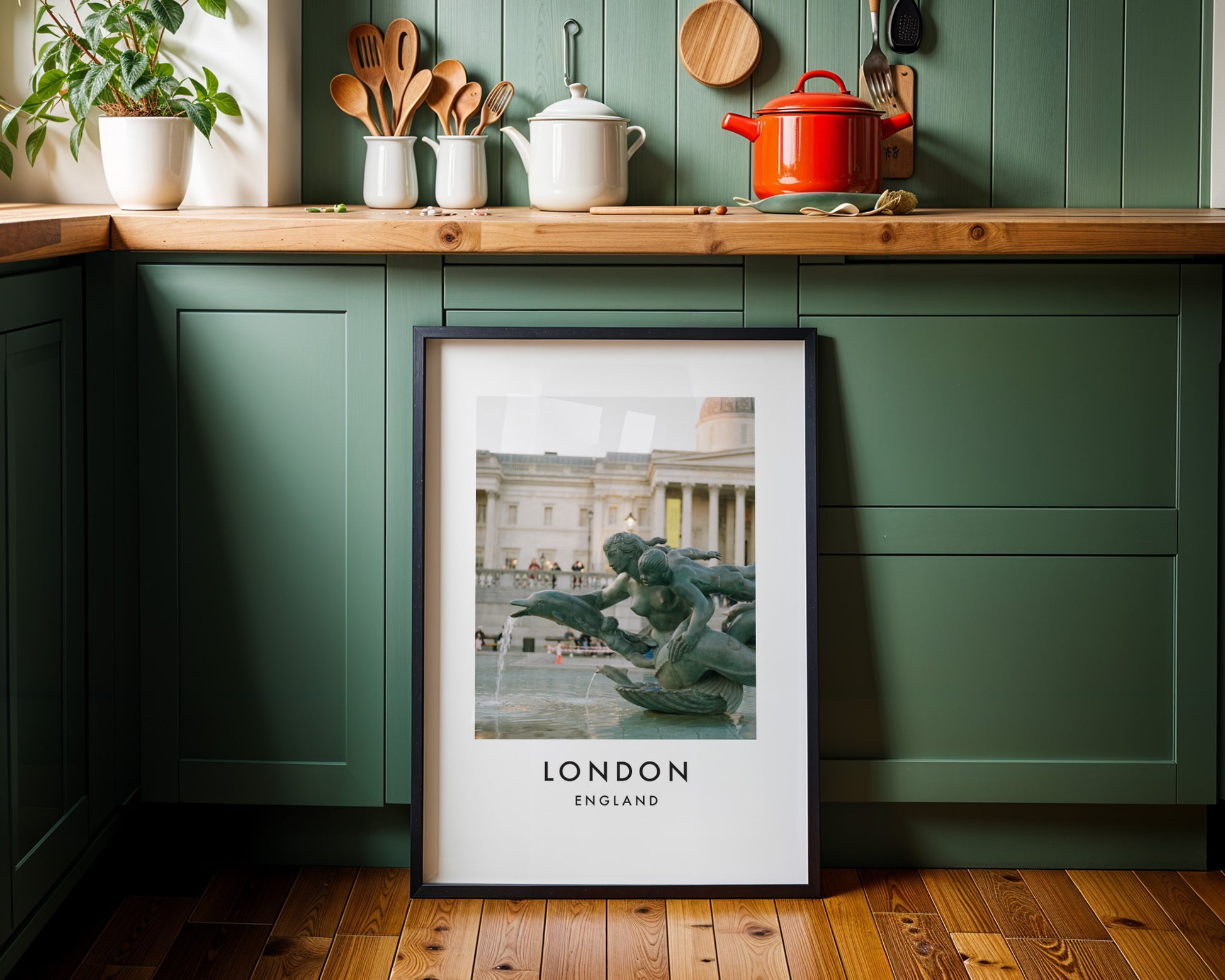 Trafalgar Square Fountain Bronze Mermaids - London analogue photography poster print on minimalist white wall