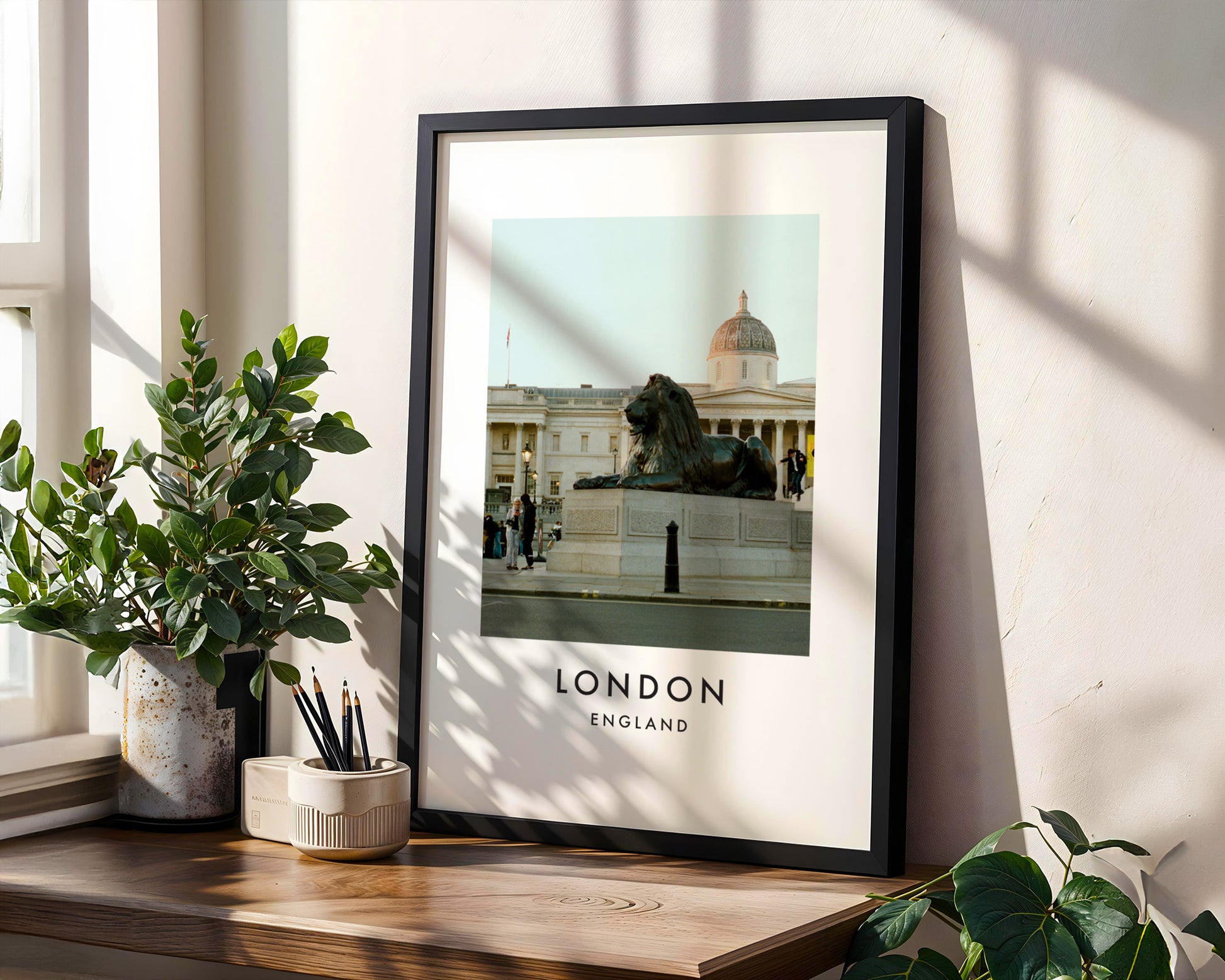 Trafalgar Square Lion Bronze National Gallery - London analogue photography poster print in modern room setting