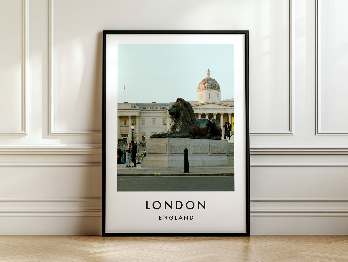 Trafalgar Square Lion Bronze National Gallery - London analogue photography poster print on white panelled wall
