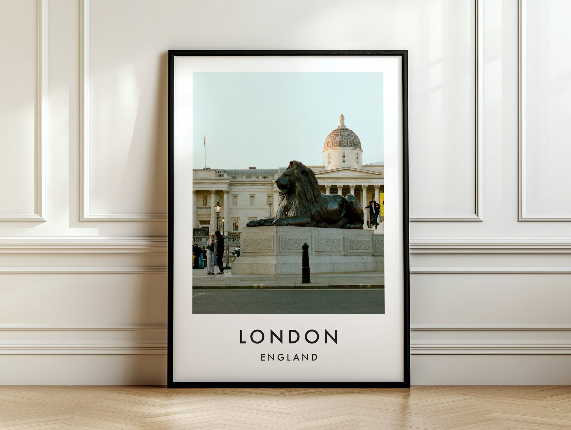Trafalgar Square Lion Bronze National Gallery - London analogue photography poster print on white panelled wall