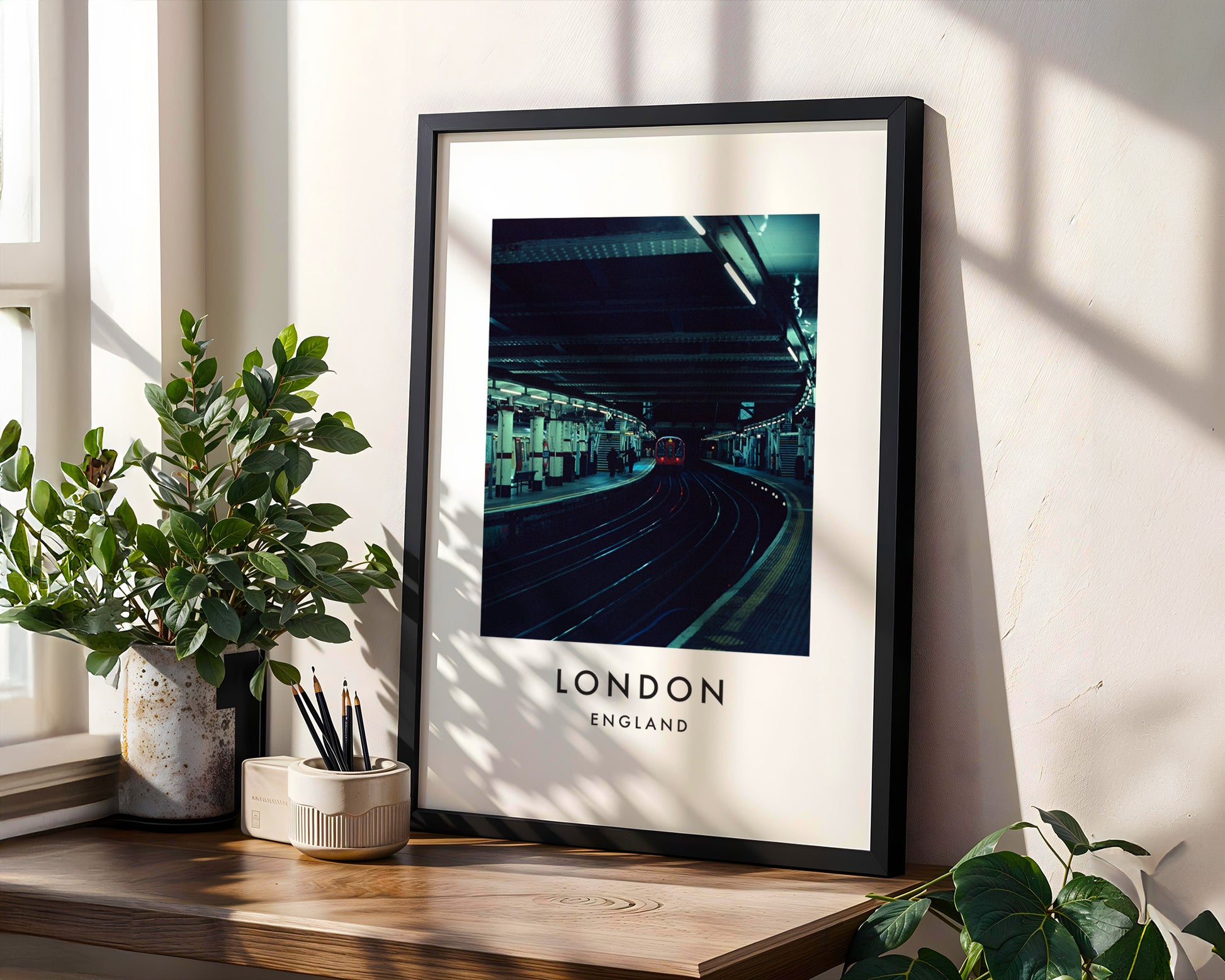 Underground Station Curved Platform Approaching Train - London analogue photography poster print in modern room setting