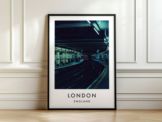 Underground Station Curved Platform Approaching Train - London analogue photography poster print on white panelled wall