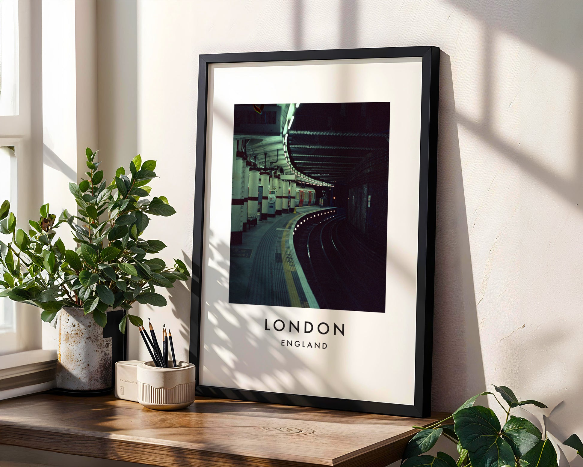 Underground Station Empty Curved Platform Tunnel - London analogue photography poster print in modern room setting