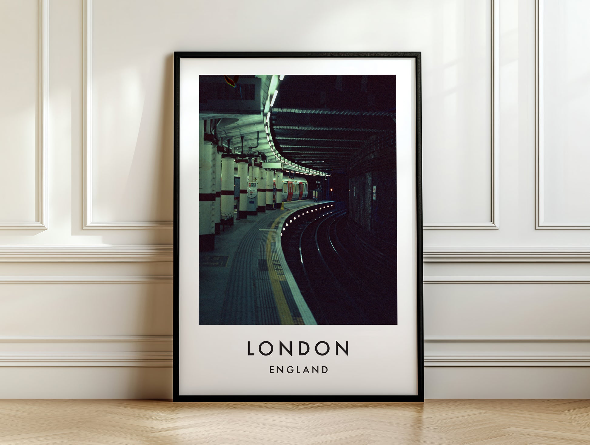 Underground Station Empty Curved Platform Tunnel - London analogue photography poster print on white panelled wall
