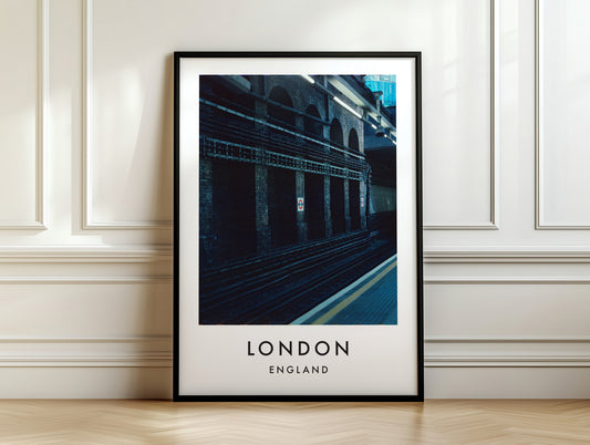 Underground Station Platform Dark Arches Victorian - London analogue photography poster print on white panelled wall