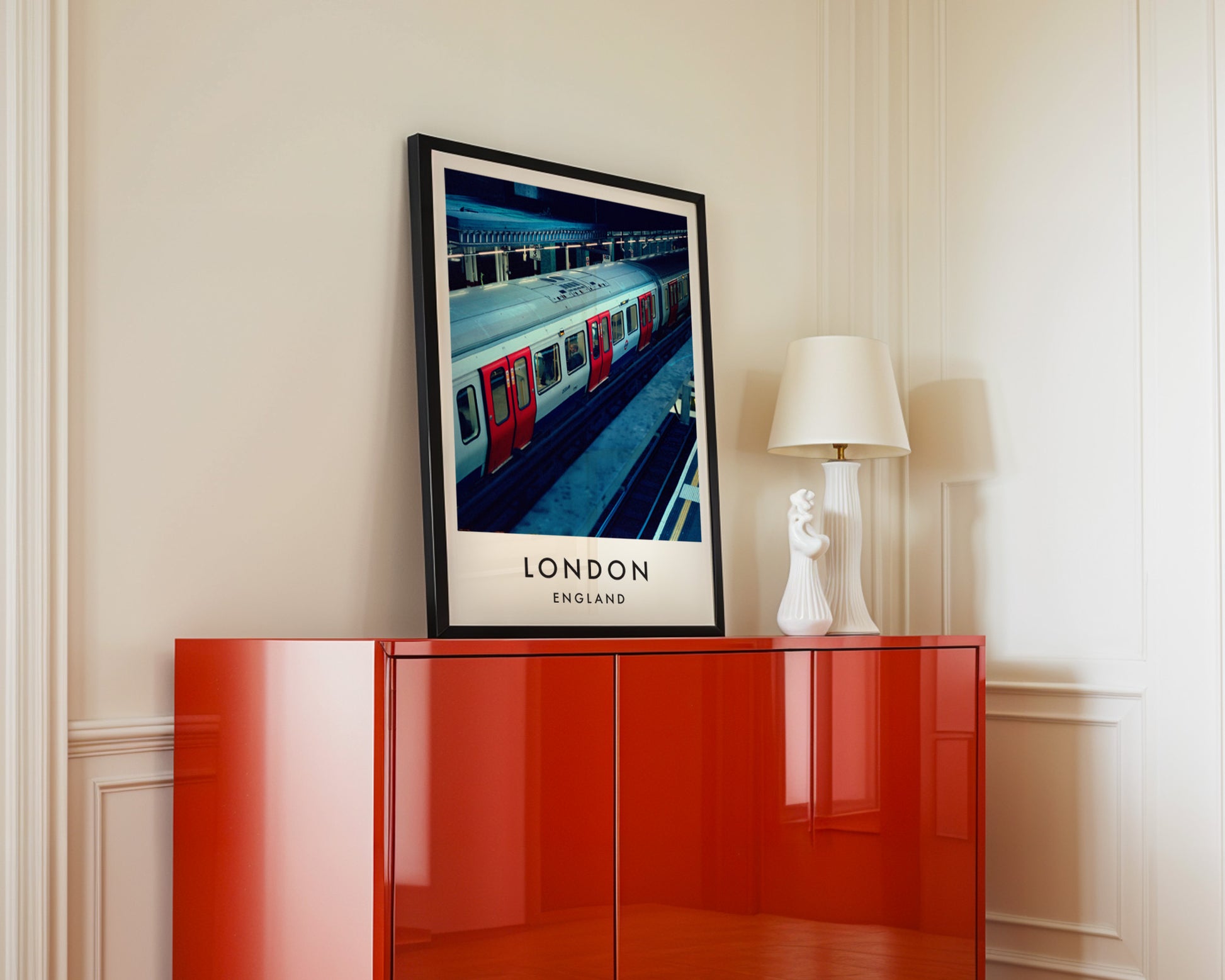 Underground Tube Train Red Doors Aerial View - London analogue photography poster print in interior design setting