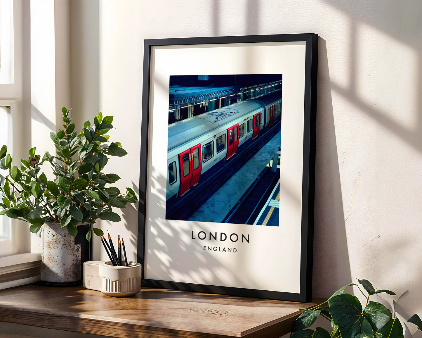 Underground Tube Train Red Doors Aerial View - London analogue photography poster print in modern room setting