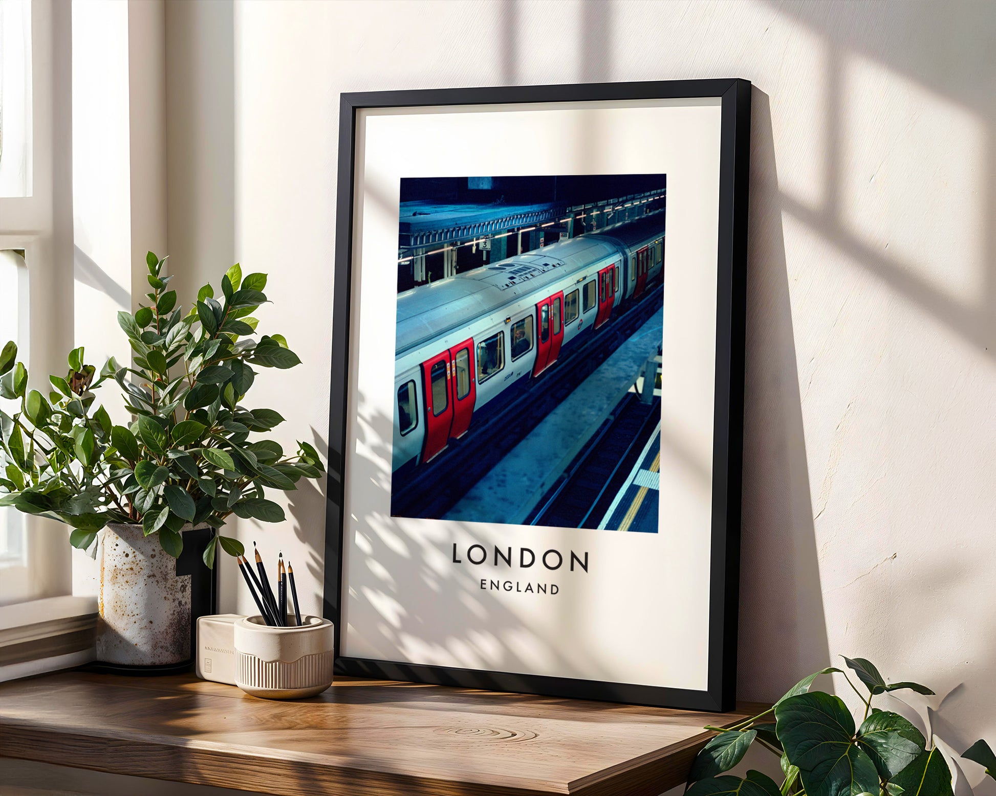Underground Tube Train Red Doors Aerial View - London analogue photography poster print in modern room setting
