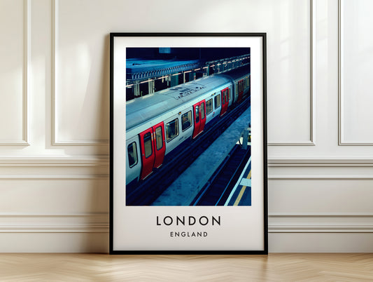 Underground Tube Train Red Doors Aerial View - London analogue photography poster print on white panelled wall