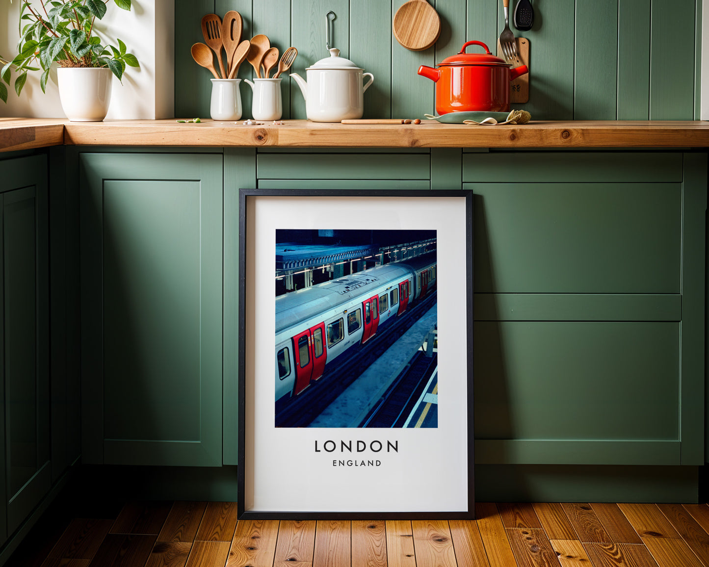 Underground Tube Train Red Doors Aerial View - London analogue photography poster print on minimalist white wall