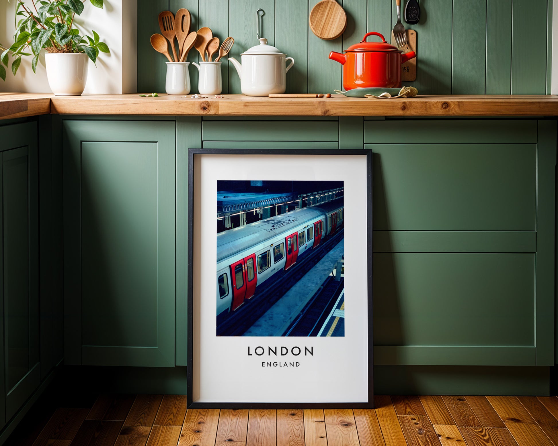 Underground Tube Train Red Doors Aerial View - London analogue photography poster print on minimalist white wall