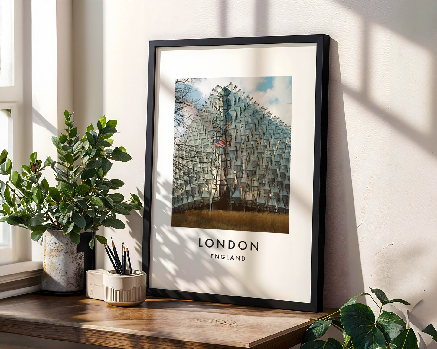 US Embassy Nine Elms American Flag - London analogue photography poster print in modern room setting