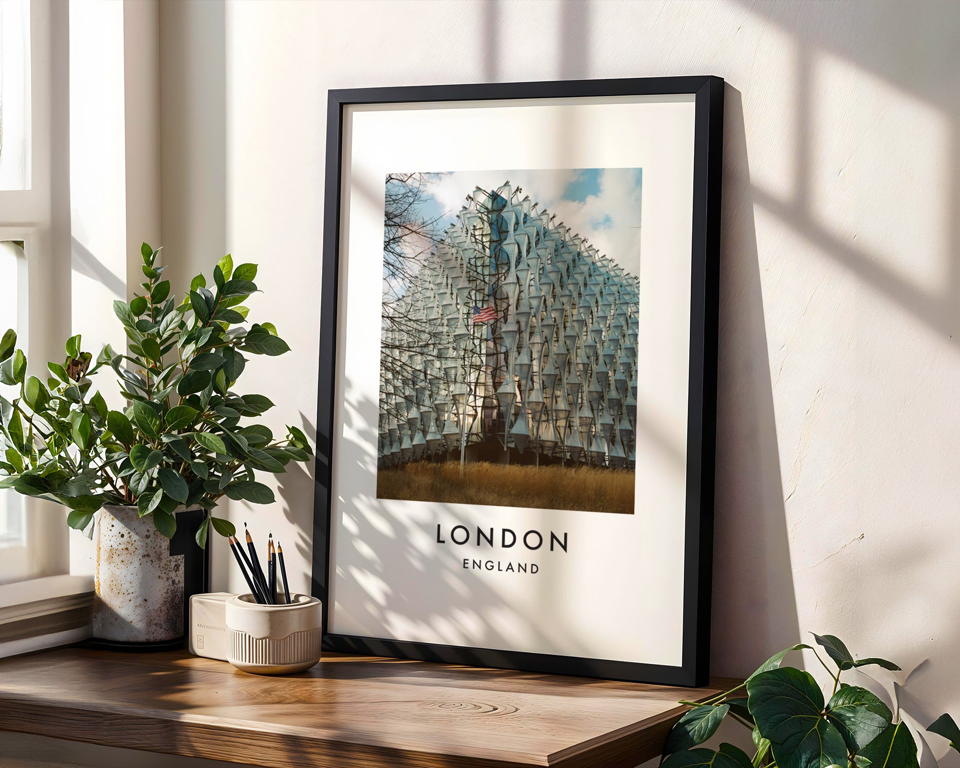 US Embassy Nine Elms American Flag - London analogue photography poster print in modern room setting