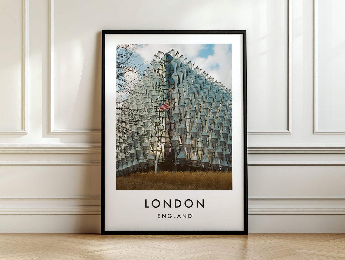 US Embassy Nine Elms American Flag - London analogue photography poster print on white panelled wall