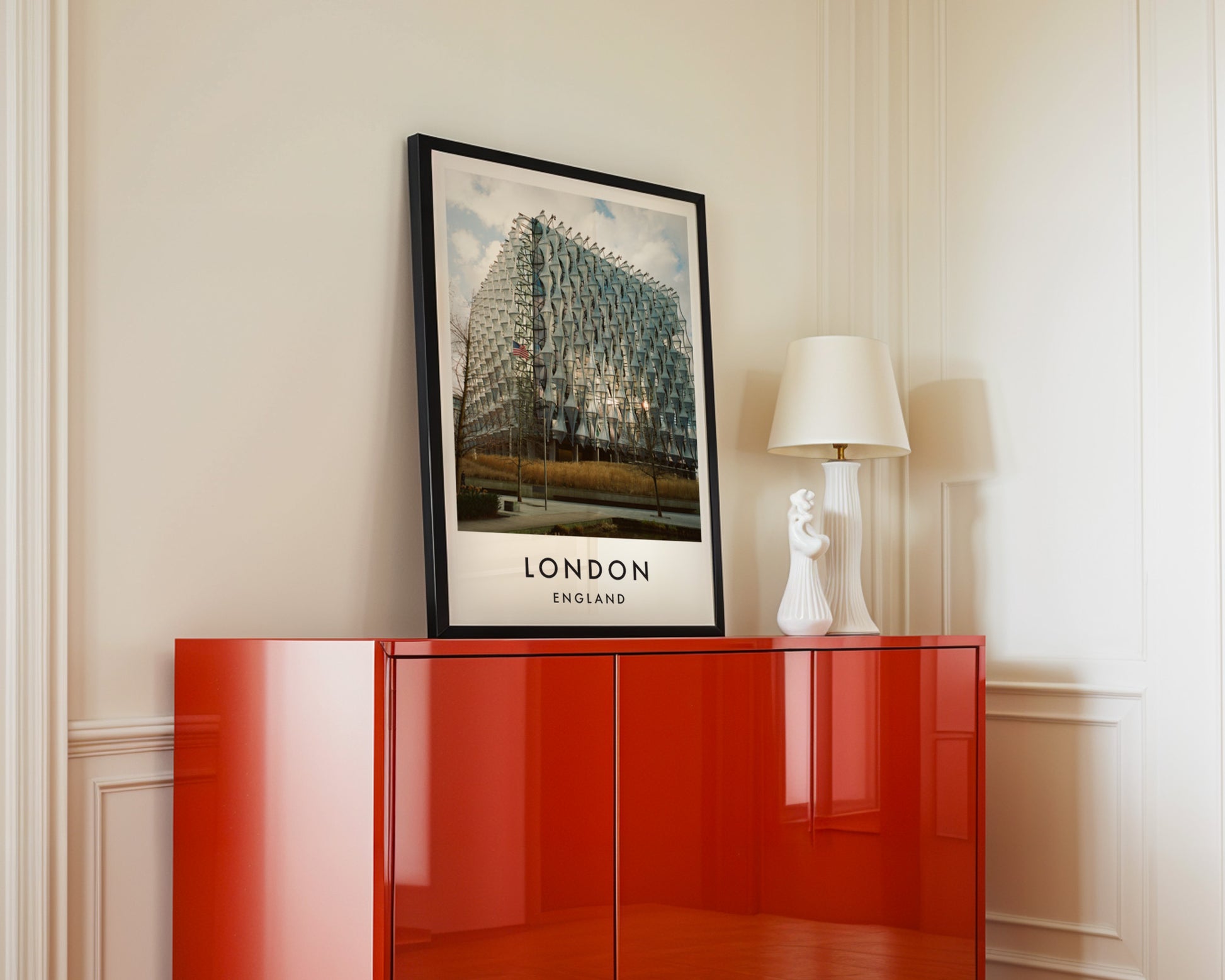 US Embassy Nine Elms Crystalline Facade - London analogue photography poster print in interior design setting