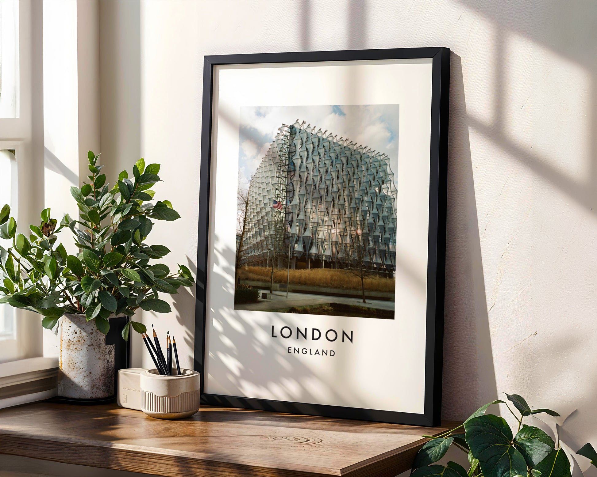 US Embassy Nine Elms Crystalline Facade - London analogue photography poster print in modern room setting