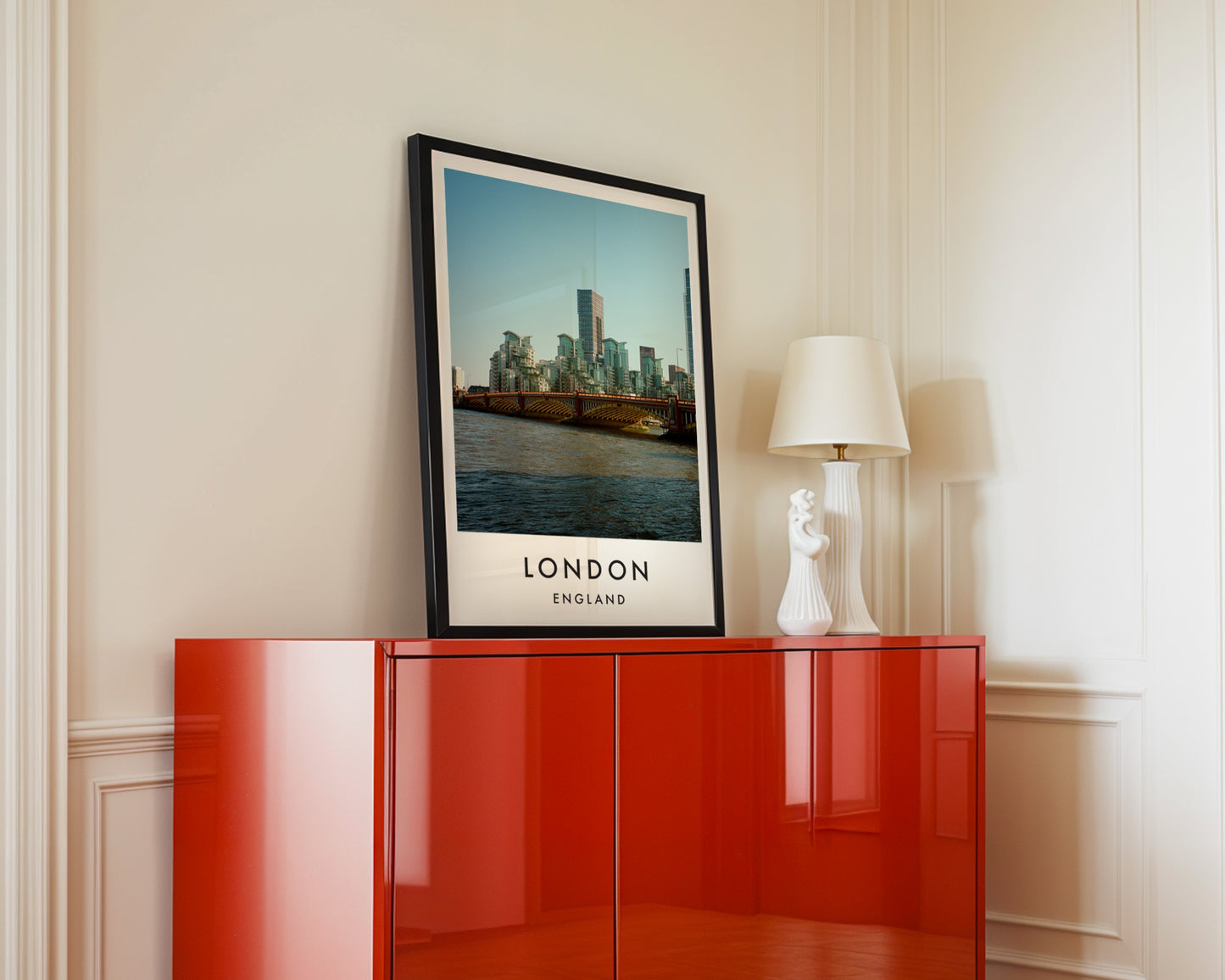 Vauxhall Bridge Nine Elms Skyline Thames Wide - London analogue photography poster print in interior design setting