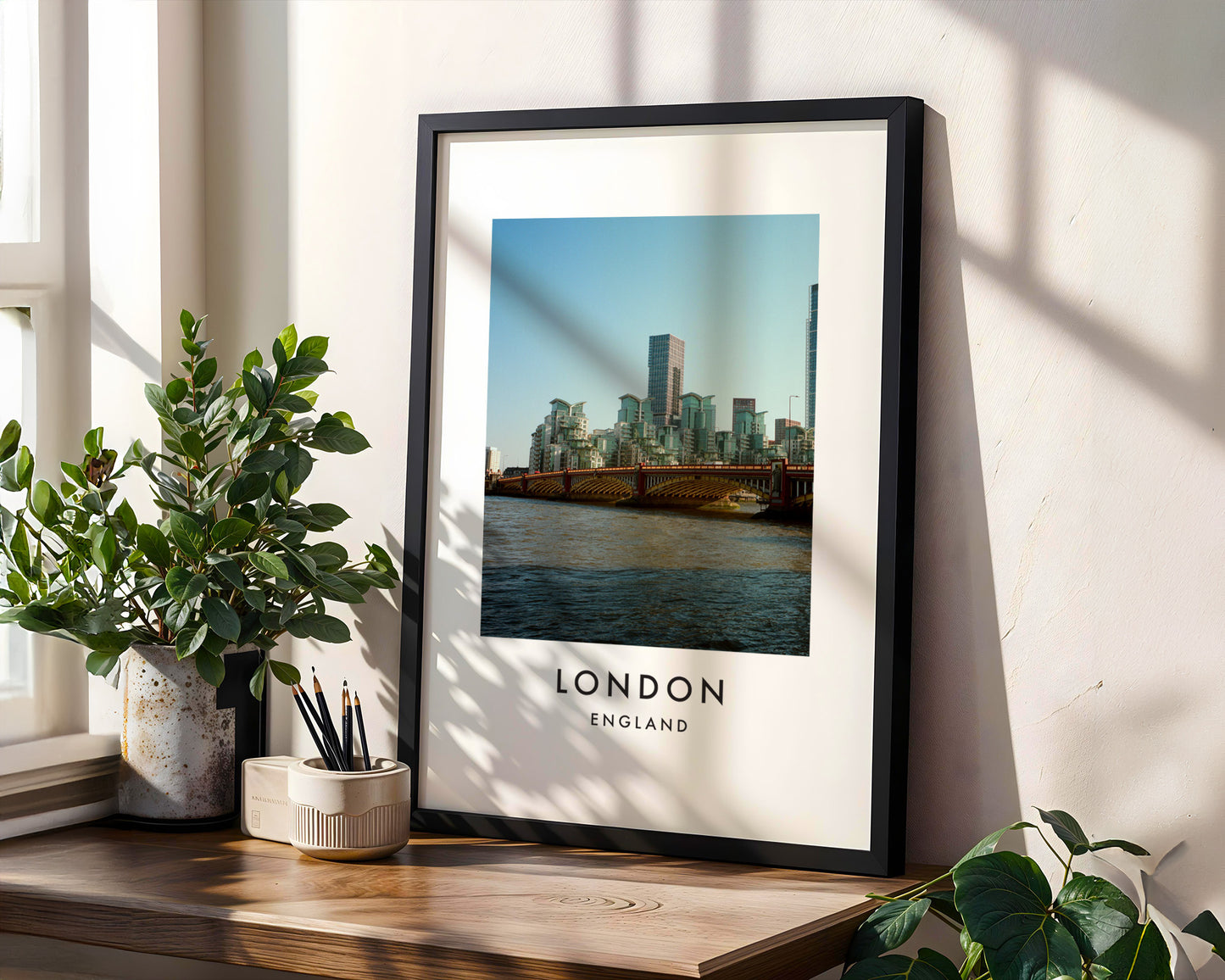Vauxhall Bridge Nine Elms Skyline Thames Wide - London analogue photography poster print in modern room setting