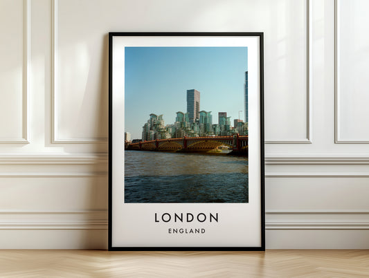 Vauxhall Bridge Nine Elms Skyline Thames Wide - London analogue photography poster print on white panelled wall