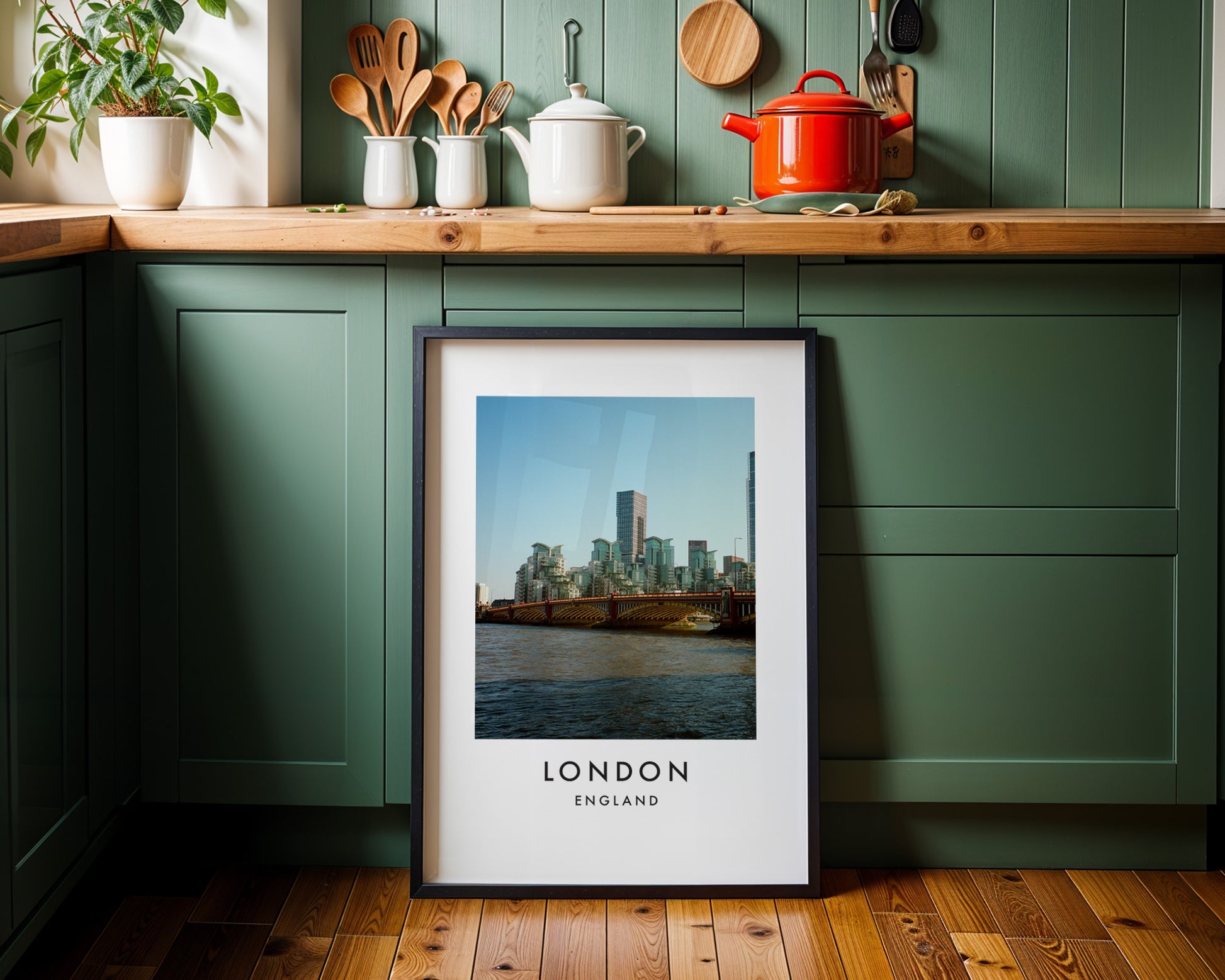 Vauxhall Bridge Nine Elms Skyline Thames Wide - London analogue photography poster print on minimalist white wall