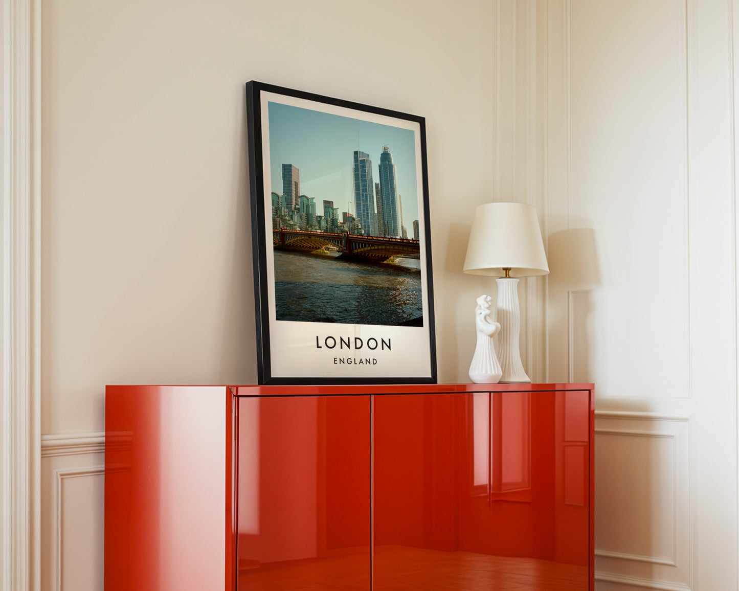 Vauxhall Bridge Nine Elms Towers Thames - London analogue photography poster print in interior design setting