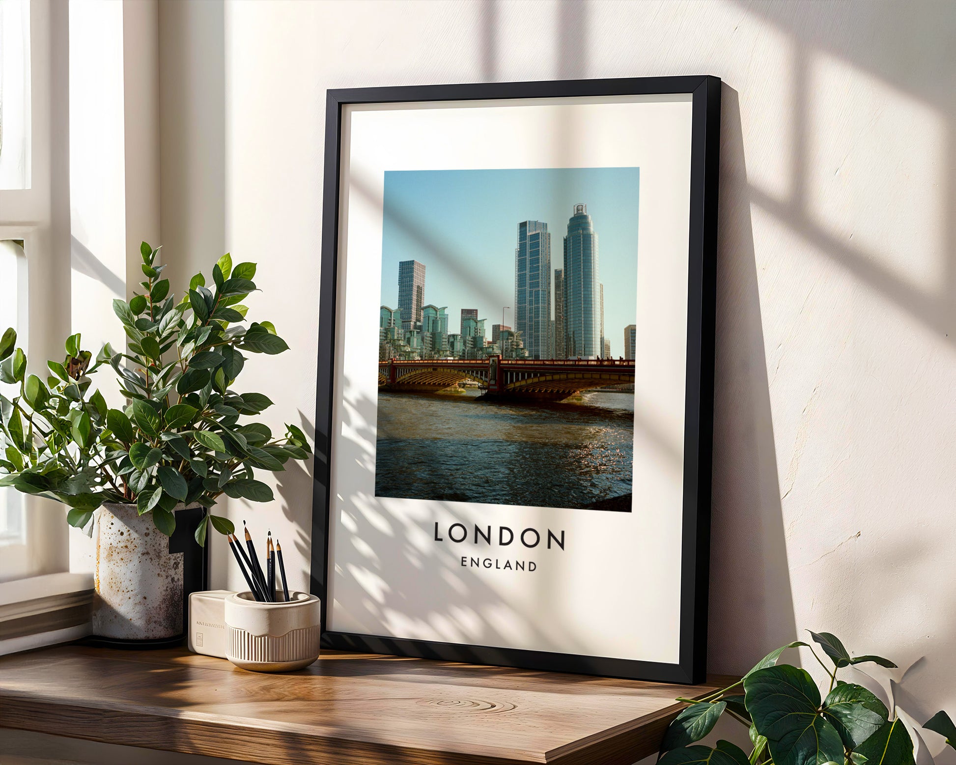 Vauxhall Bridge Nine Elms Towers Thames - London analogue photography poster print in modern room setting