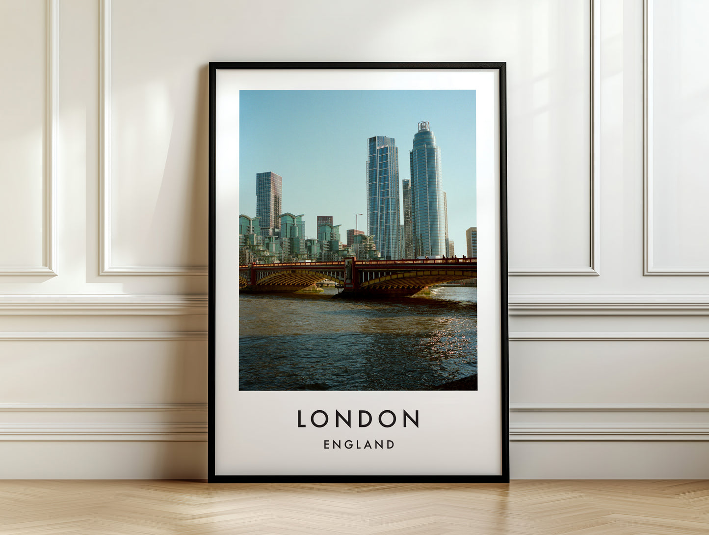 Vauxhall Bridge Nine Elms Towers Thames - London analogue photography poster print on white panelled wall