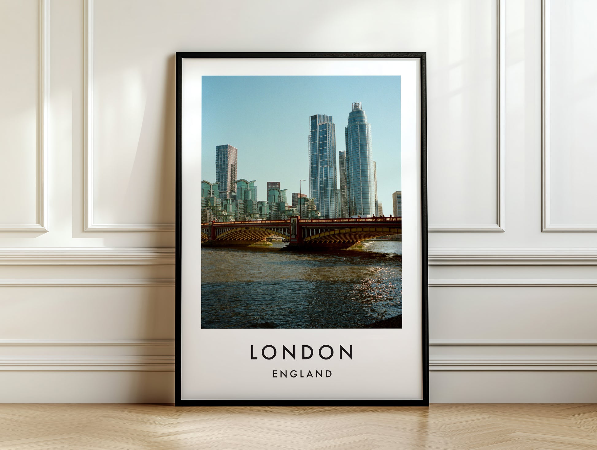 Vauxhall Bridge Nine Elms Towers Thames - London analogue photography poster print on white panelled wall
