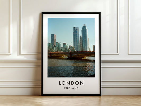 Vauxhall Bridge Nine Elms Towers Thames - London analogue photography poster print on white panelled wall