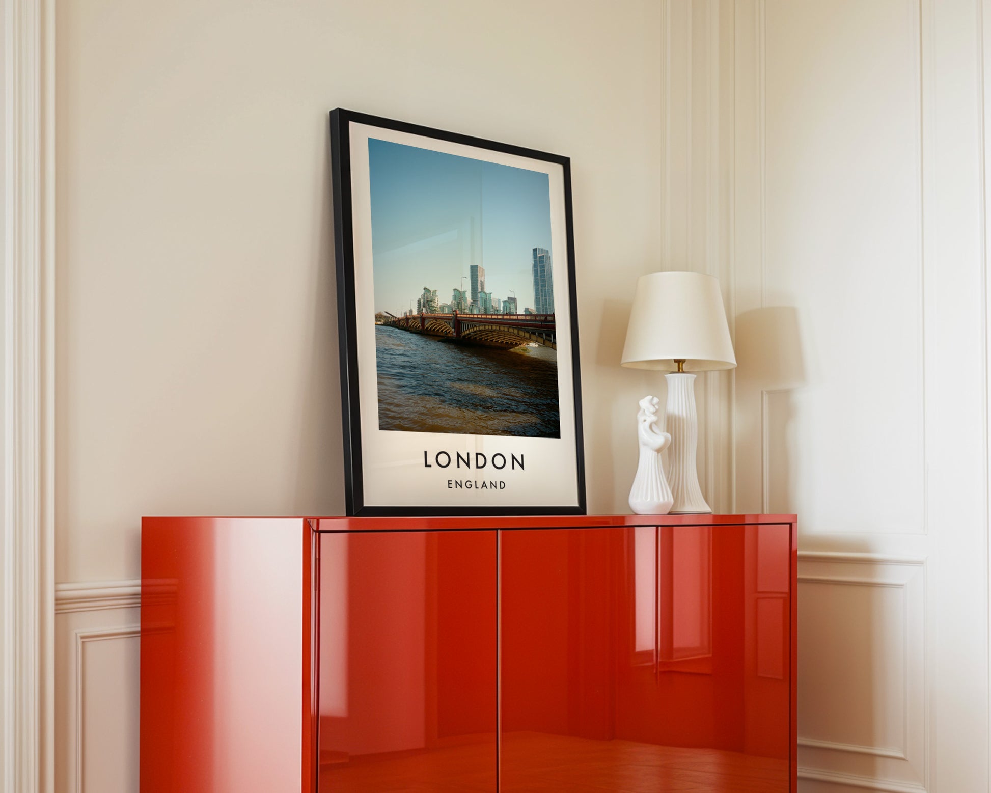 Vauxhall Bridge St George Wharf Tower Thames - London analogue photography poster print in interior design setting