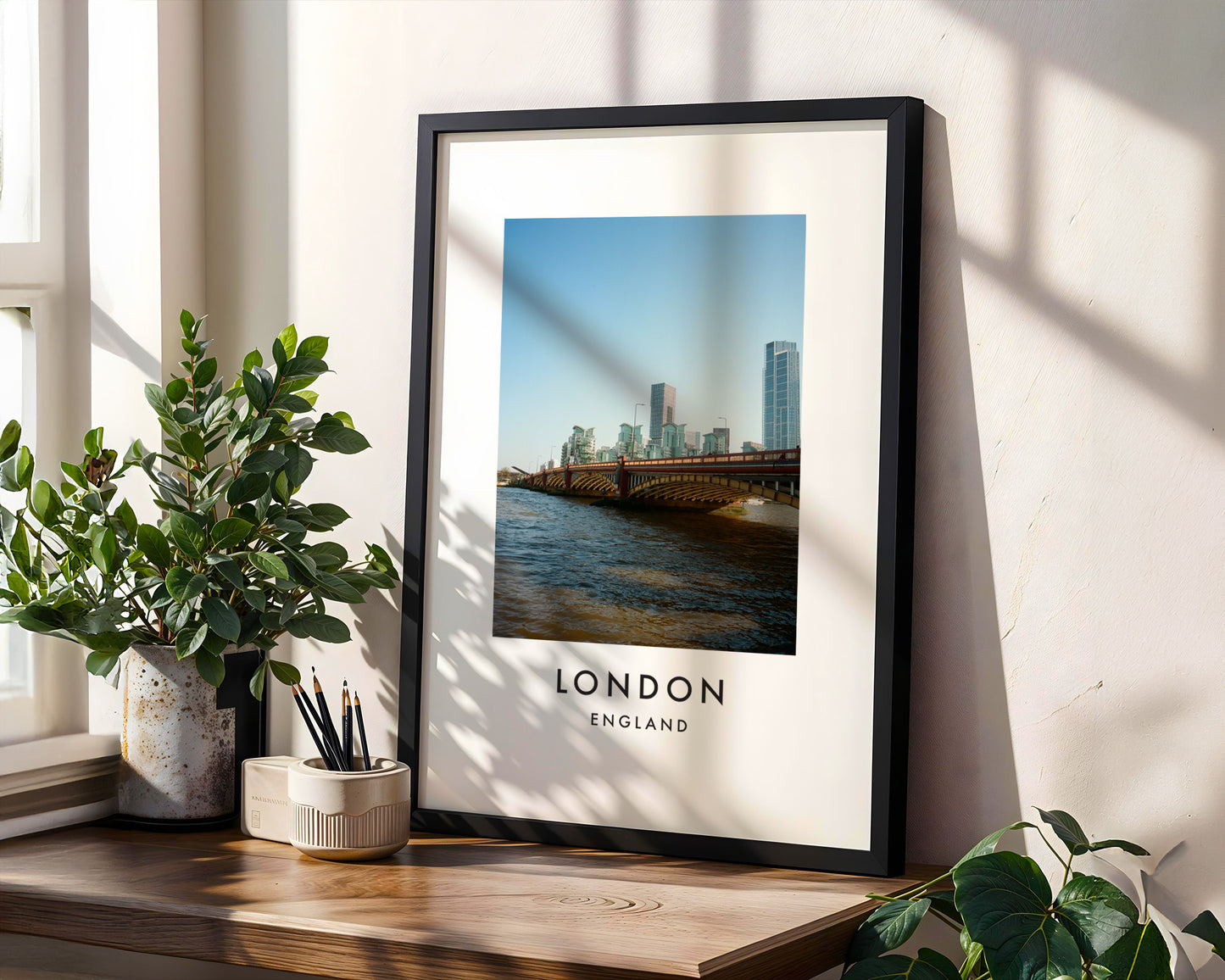 Vauxhall Bridge St George Wharf Tower Thames - London analogue photography poster print in modern room setting