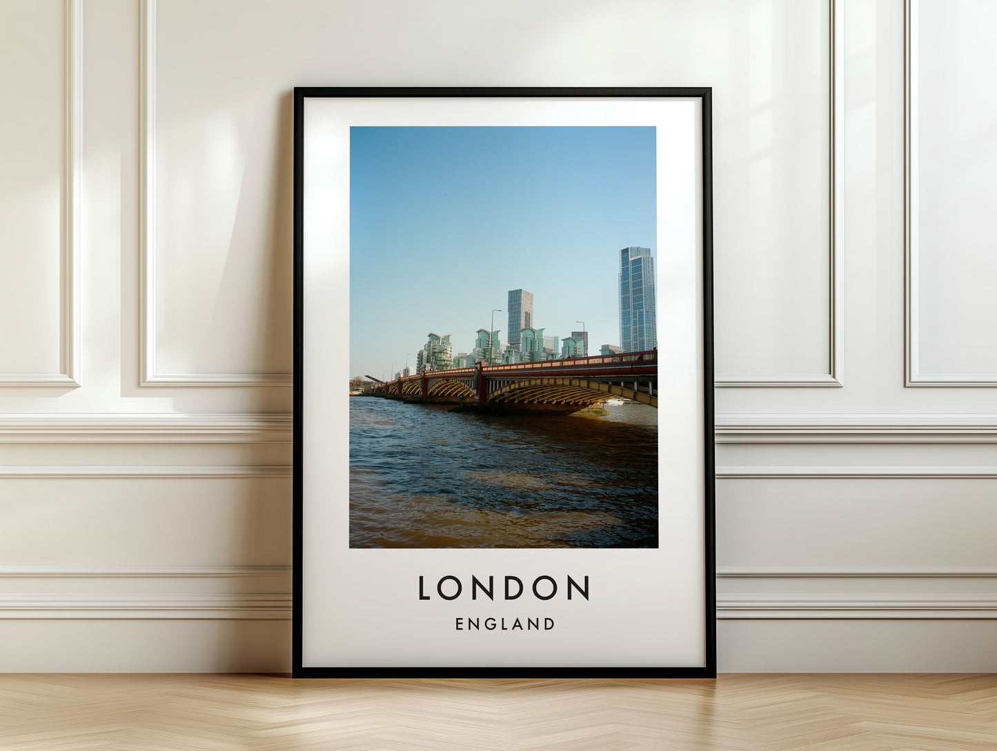 Vauxhall Bridge St George Wharf Tower Thames - London analogue photography poster print on white panelled wall