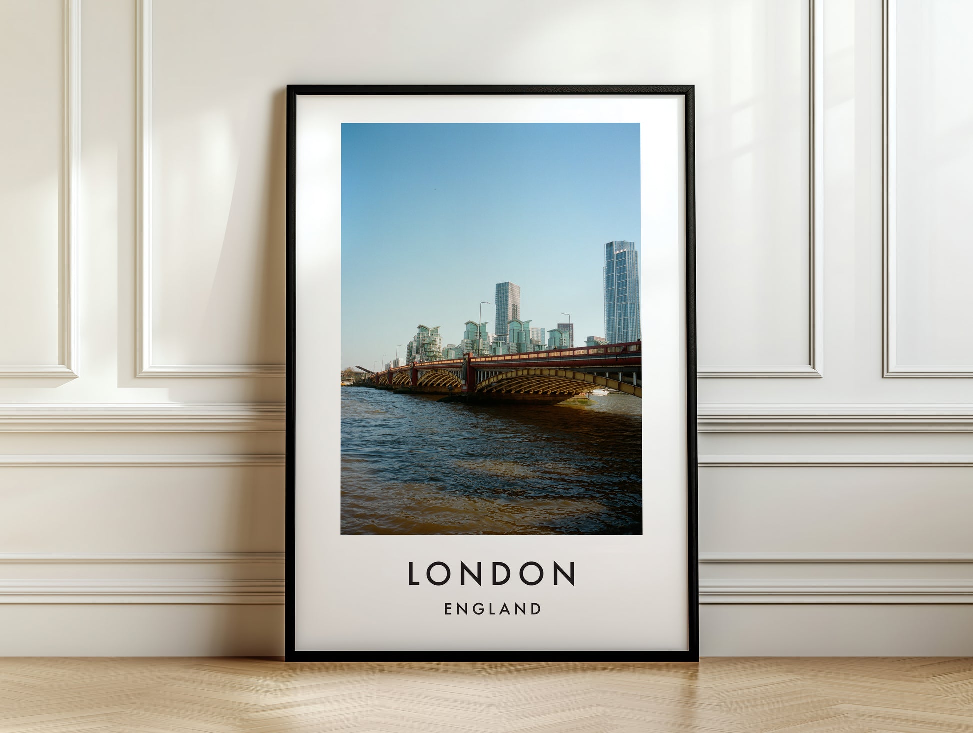 Vauxhall Bridge St George Wharf Tower Thames - London analogue photography poster print on white panelled wall