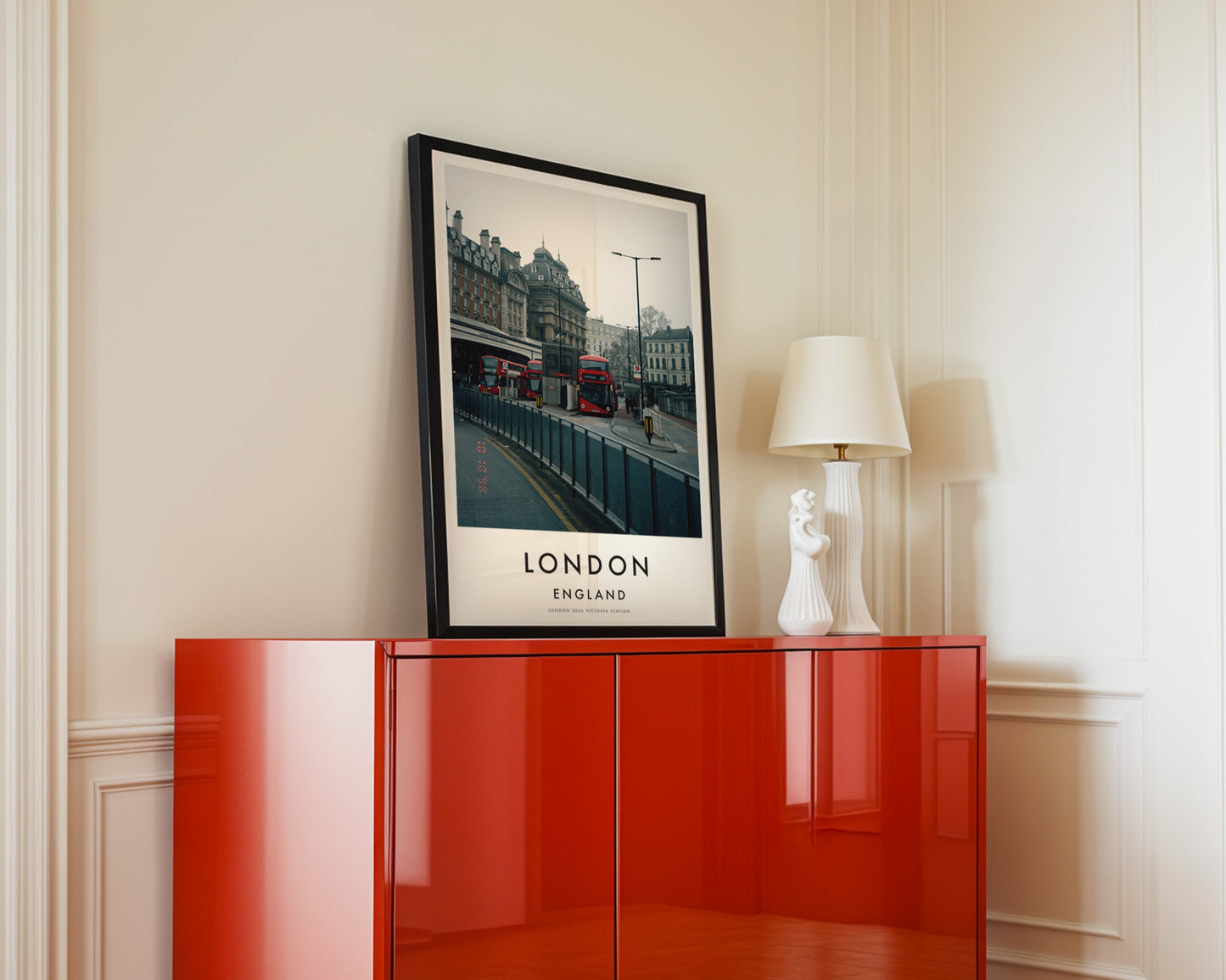 Victoria Station Red Buses Classical Building - London analogue photography poster print in interior design setting