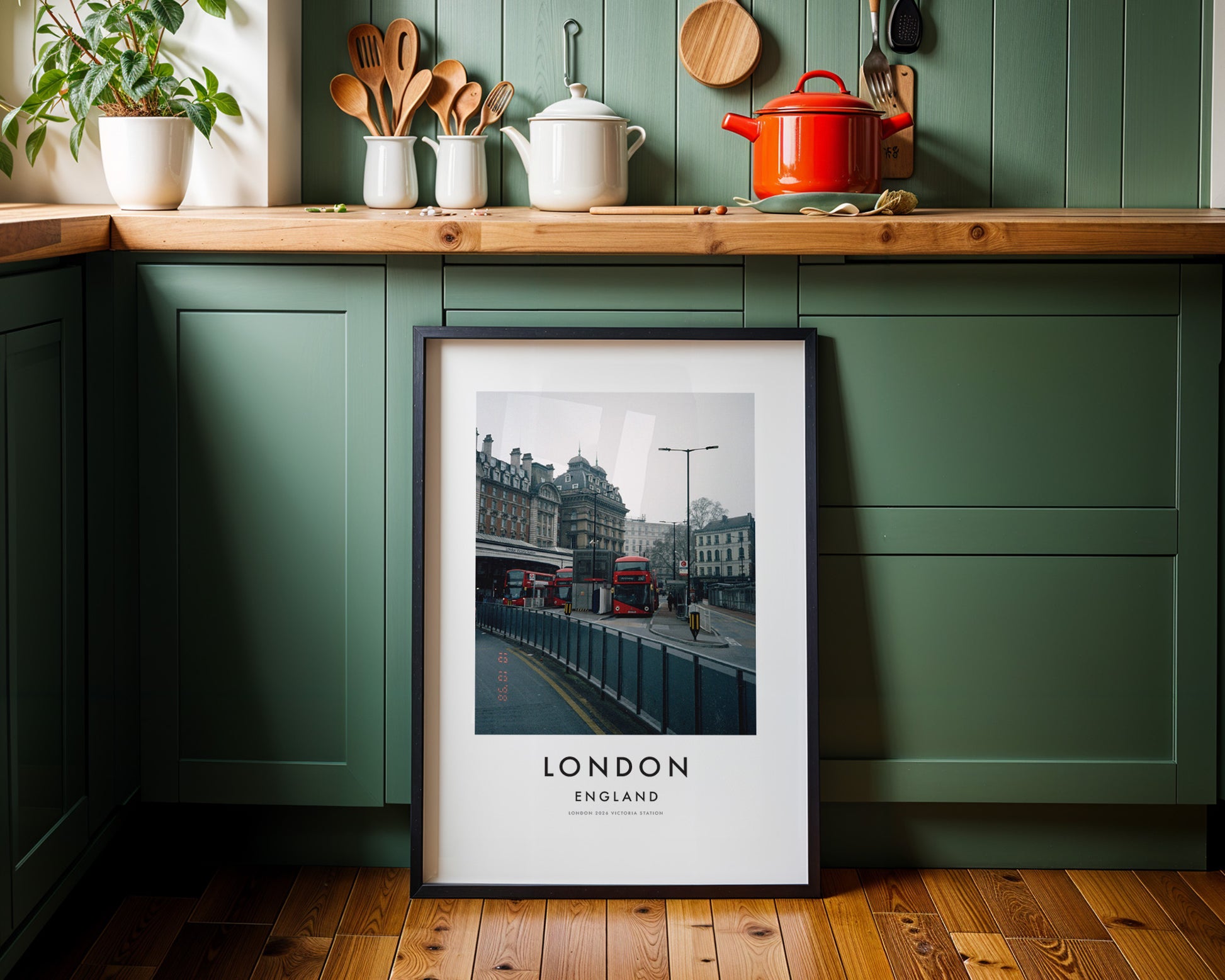 Victoria Station Red Buses Classical Building - London analogue photography poster print on minimalist white wall