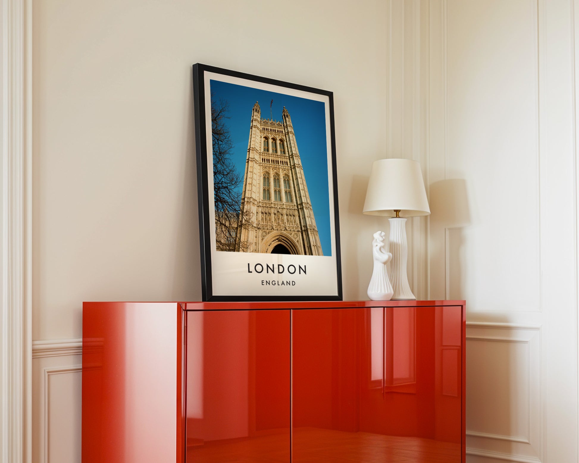 Victoria Tower Close Up Blue Sky - London analogue photography poster print in interior design setting