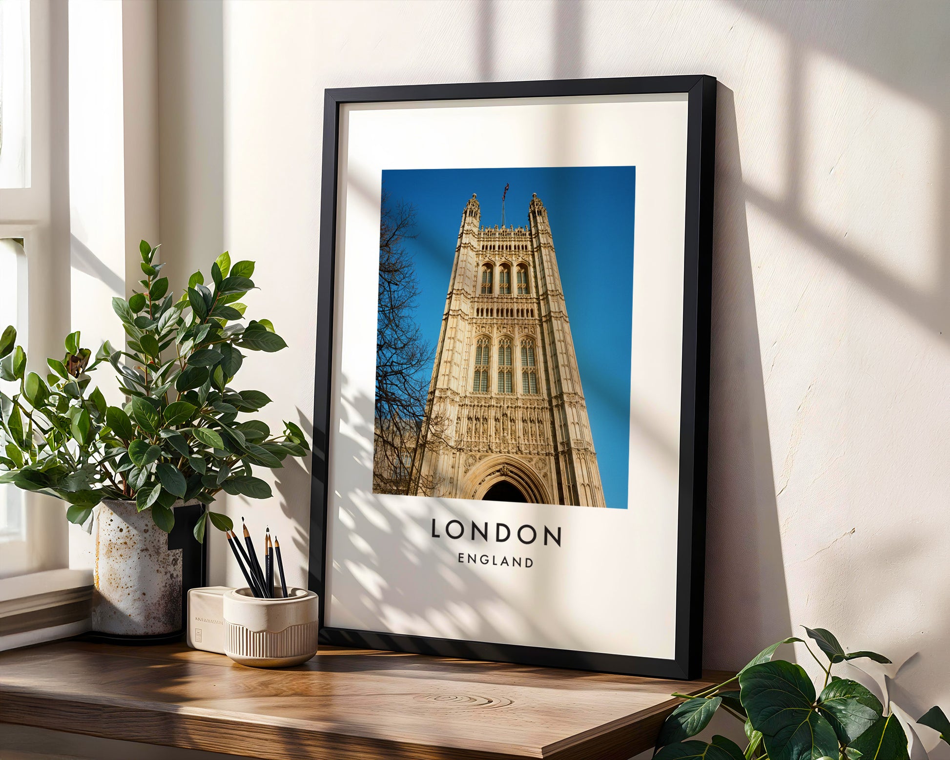 Victoria Tower Close Up Blue Sky - London analogue photography poster print in modern room setting